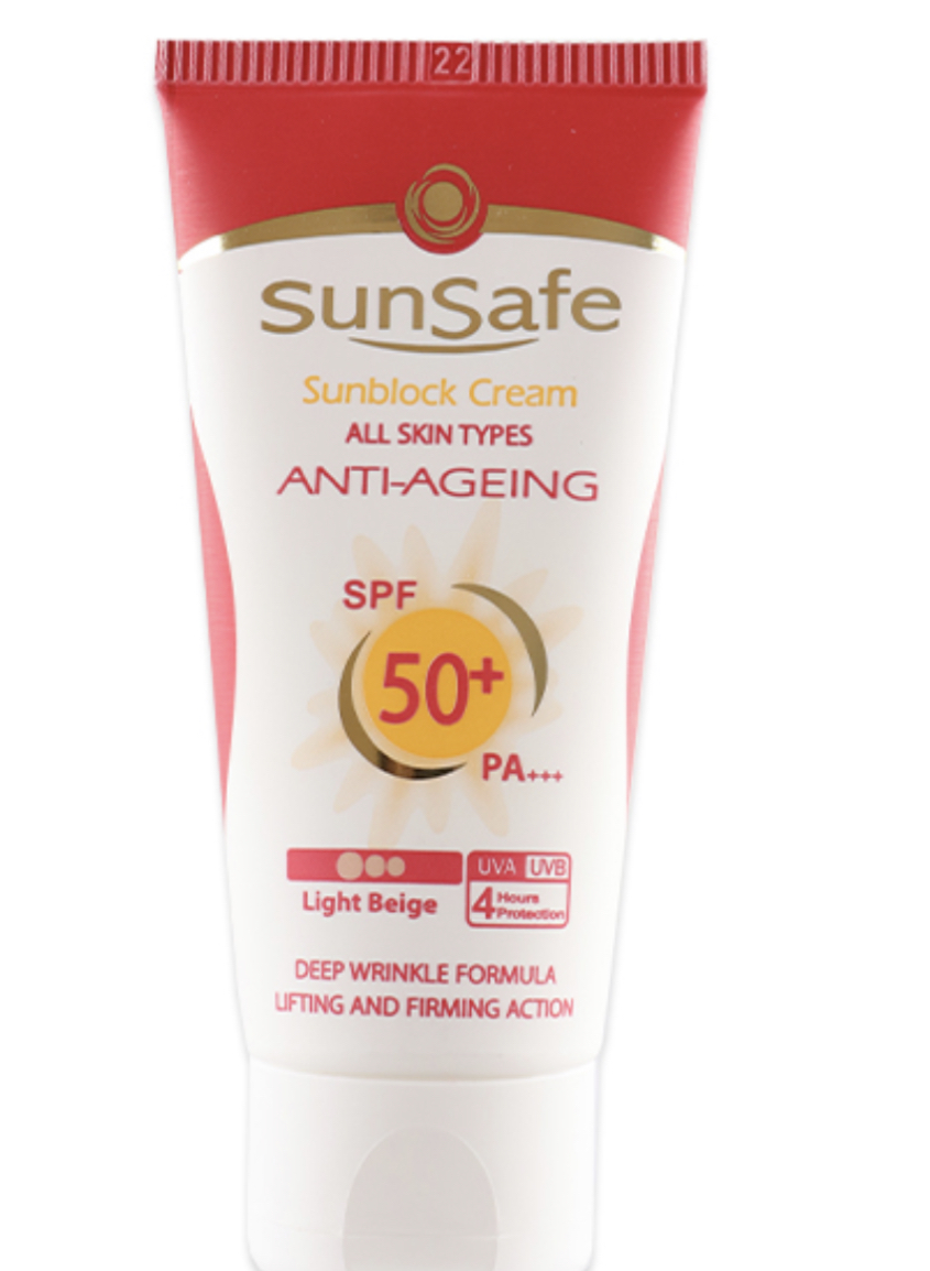 کرم ضد آفتاب +SPF 50 ضد چروک  کرم پودری بژ روشن  سان سیف